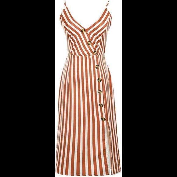 Bodycon Backless Button Down Spaghetti V Neck Stripe Midi Dress - Picture 2 of 5